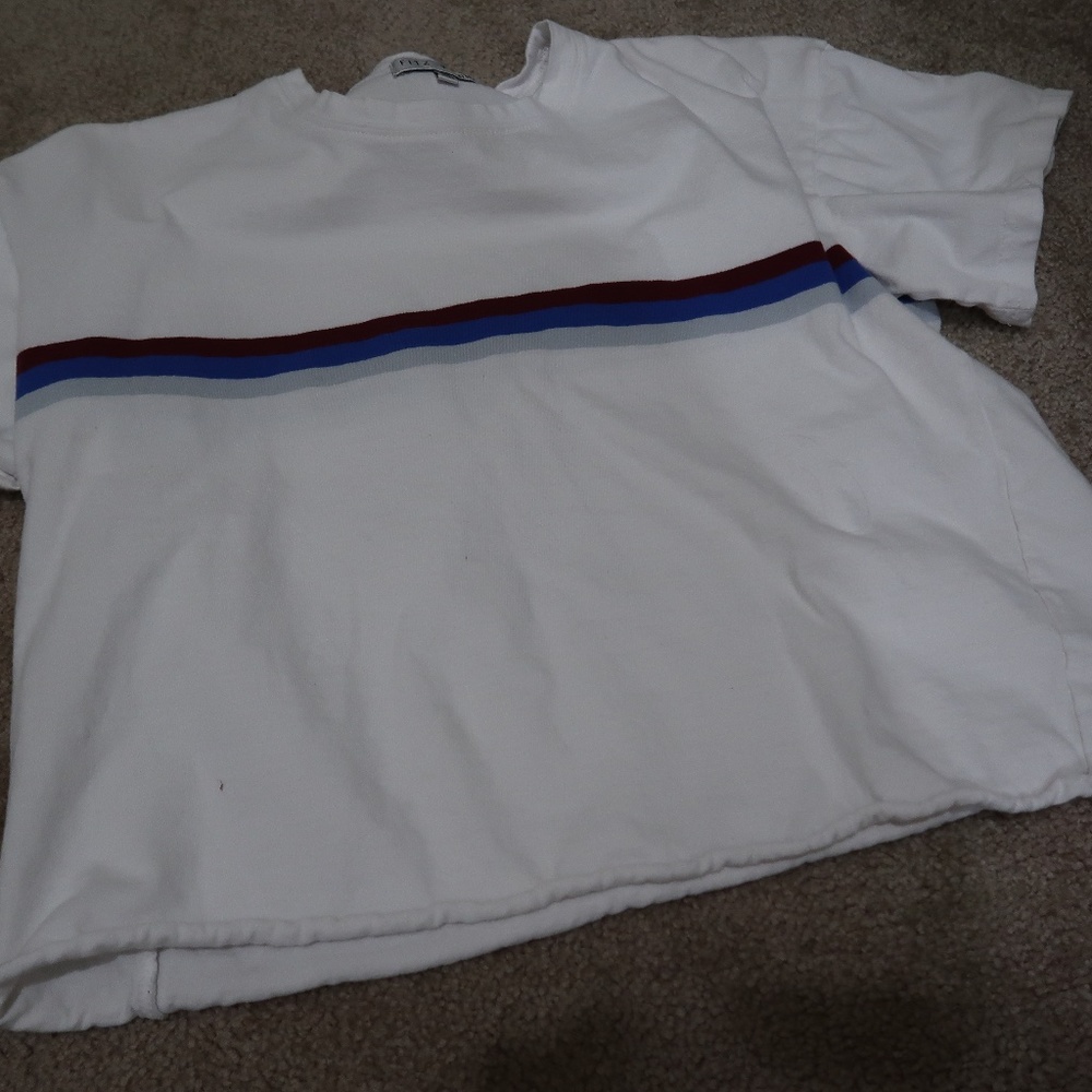 White Crop Top with red, blue, and grey stripes
